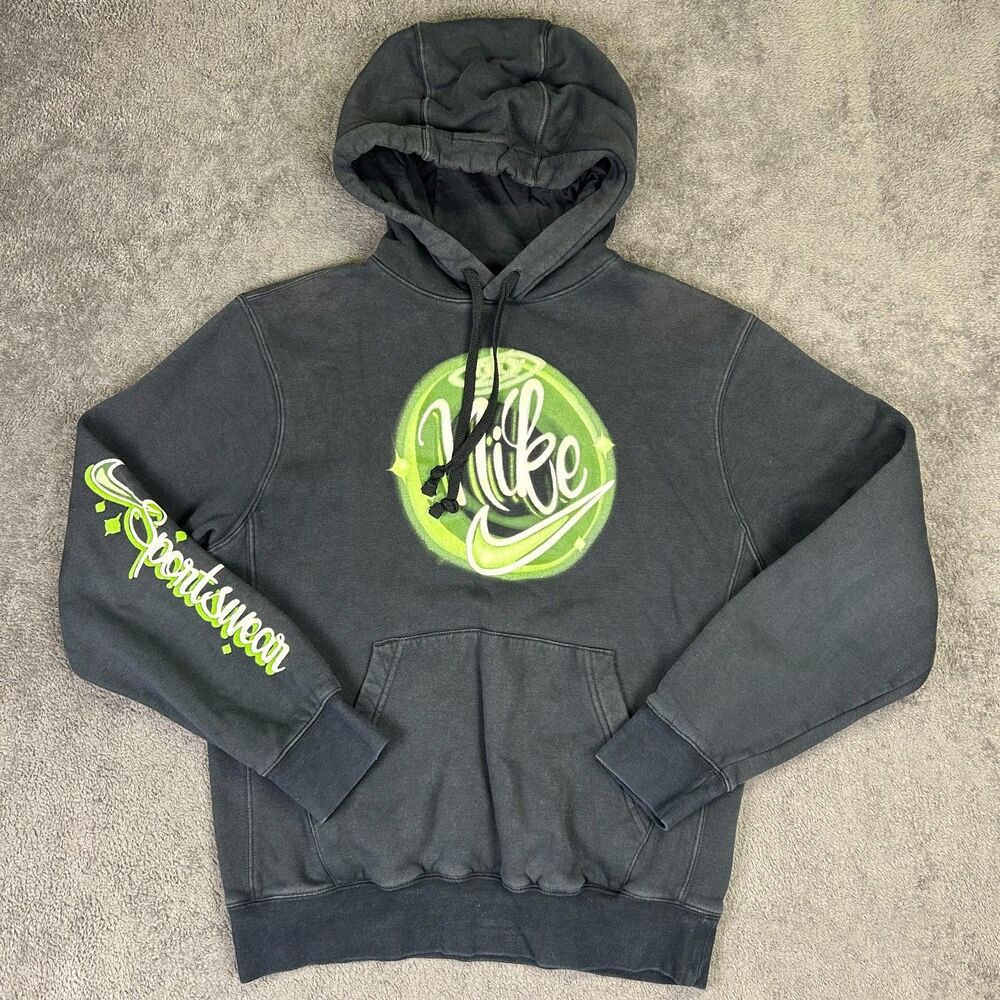 Nike Hoodie Small Black Green Spell Out Swoosh Vintage Y2K Mens Fit US Small